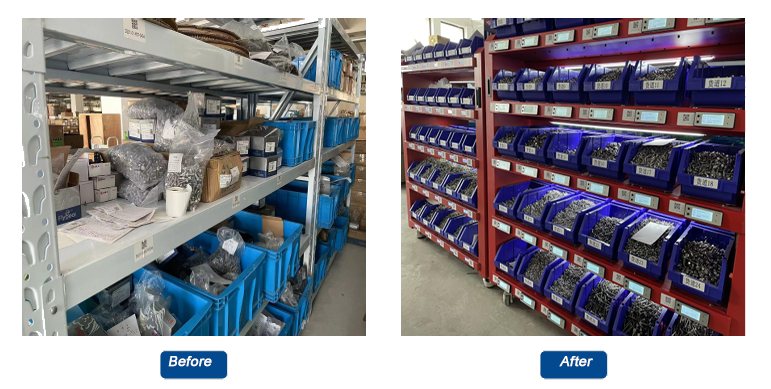 Before and after an NVMI-X mobile open smart cabinet installation for industrial materials