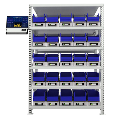 NVMI open smart cabinet rack with blue bins and side display